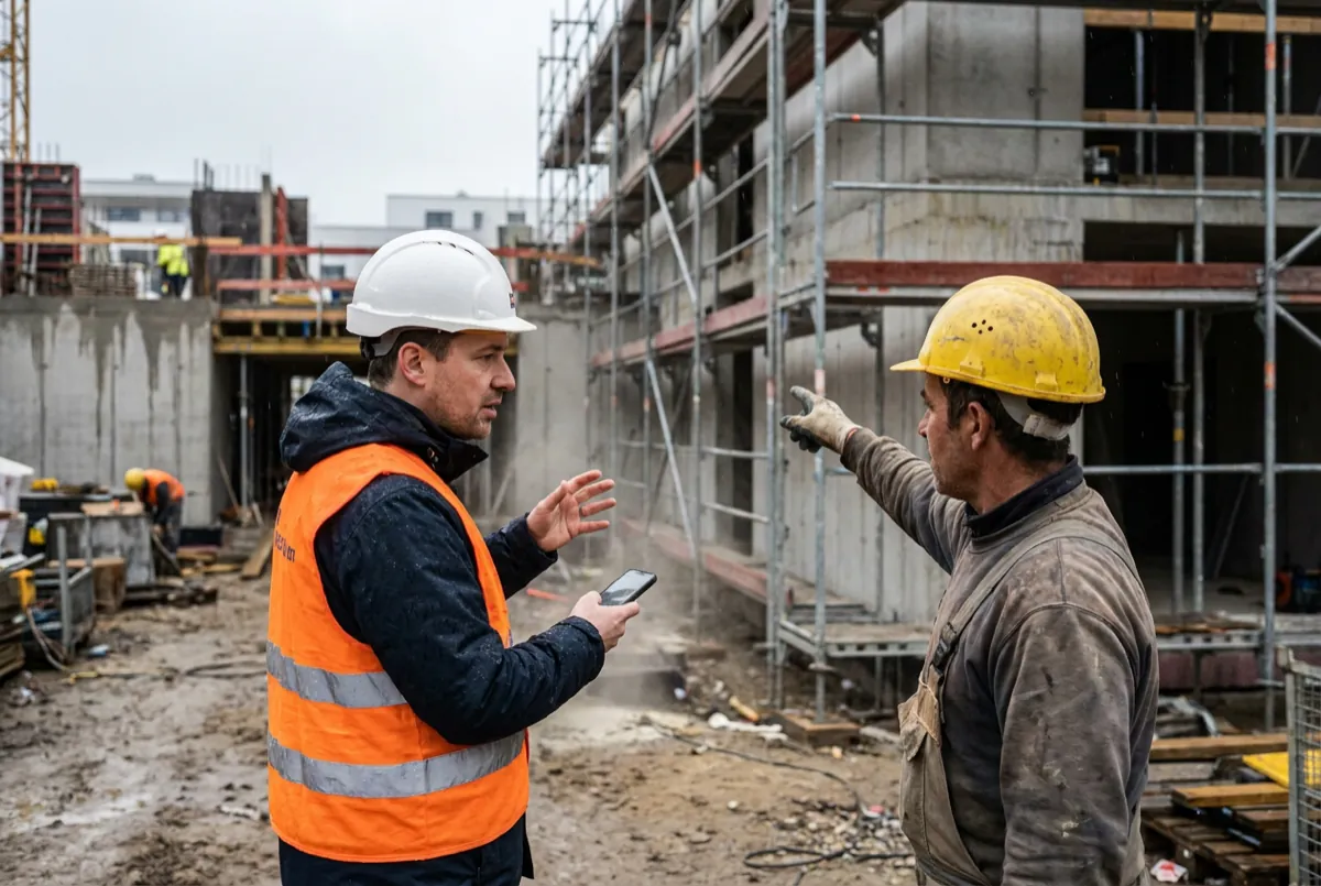 Bauleiter mit Warnweste und Smartphone spricht auf der Baustelle vor einem eingerüsteten Rohbau mit einem Bauarbeiter.