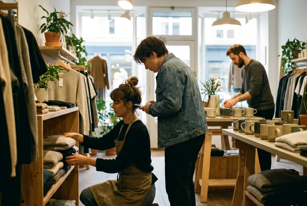 Zwei Mitarbeitende räumen im Ladengeschäft Ware ein, einer von ihnen schaut dabei auf sein Smartphone.