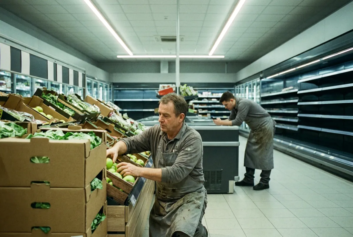 Mitarbeiter füllt in einem Supermarkt vor Öffnung die Obstabteilung auf, ein Kollege im Hintergrund schaut auf sein Smartphone.