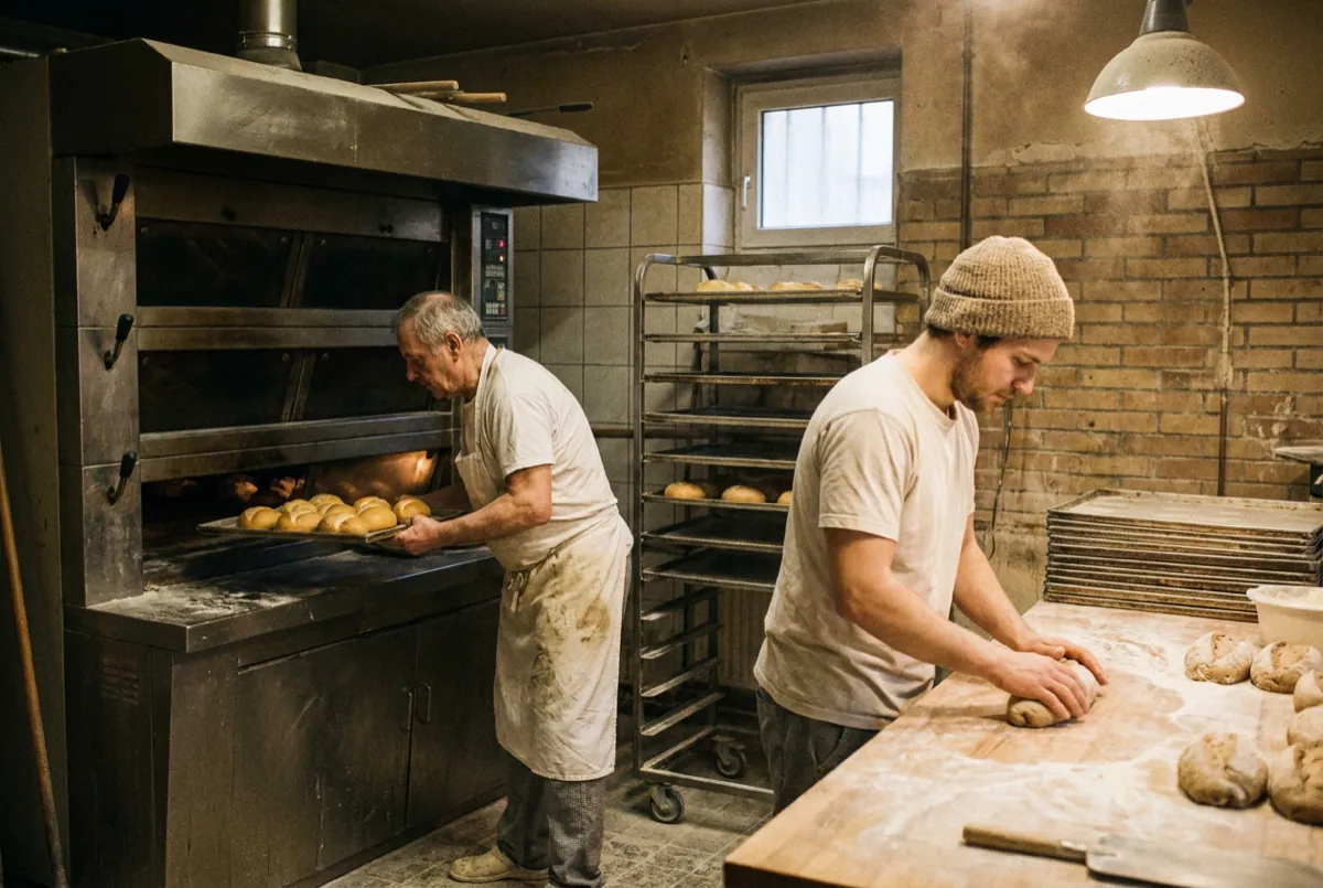 Bäcker schiebt in der Backstube ein Blech Brötchen auf den Stikkenwagen, ein Kollege formt daneben Teiglinge auf dem bemehlten Tisch.