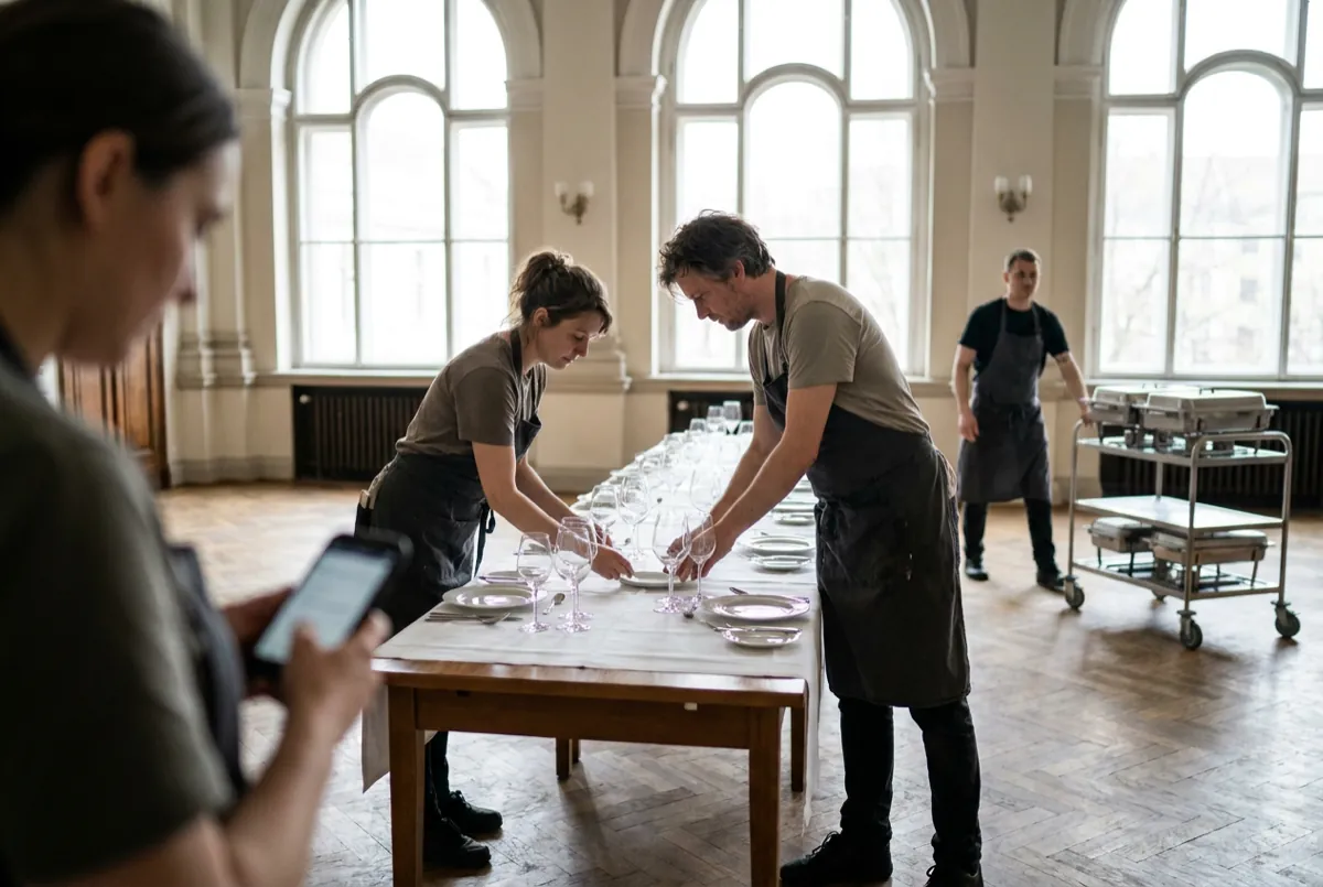 Cateringteam richtet in einem Saal eine lange Banketttafel mit Gläsern und Teller ein, eine Mitarbeiterin im Vordergrund liest den Ablauf auf dem Smartphone.