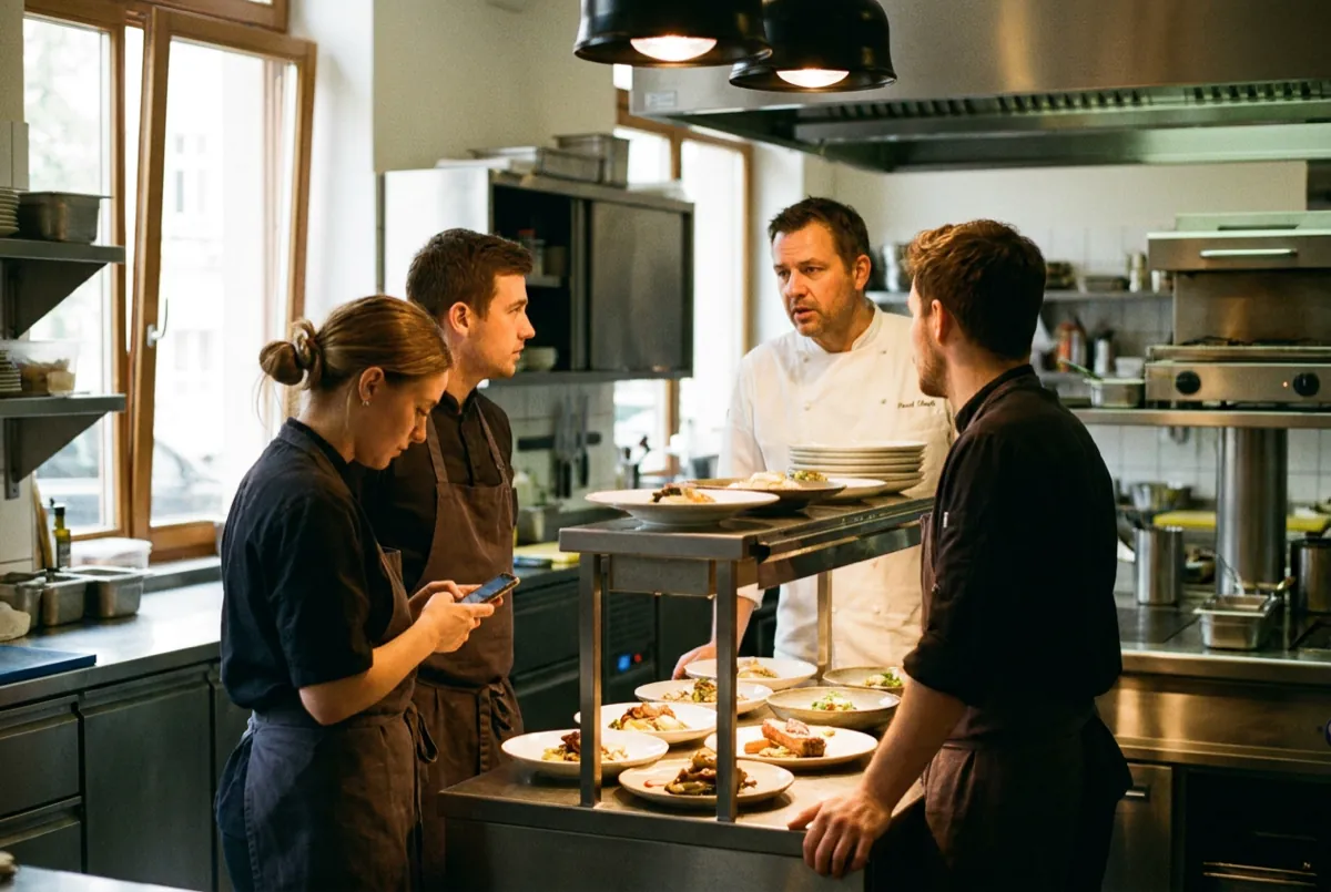 Küchenchef bespricht am Pass den Serviceablauf mit drei Mitarbeitenden, eine Servicekraft liest dabei eine Nachricht auf dem Smartphone.