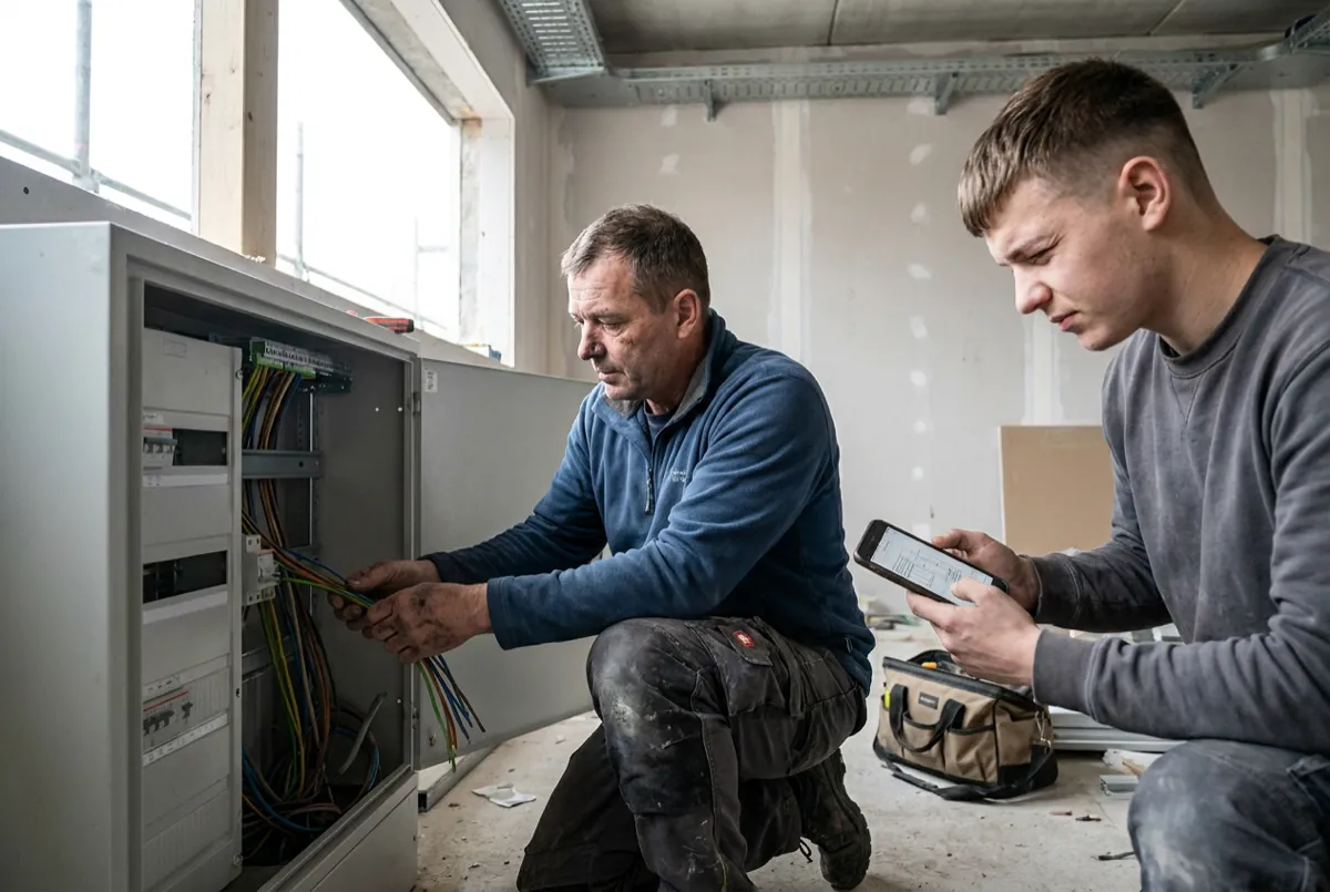 Elektriker verdrahtet auf der Baustelle einen offenen Verteilerschrank, sein Azubi daneben prüft den Schaltplan auf dem Tablet.