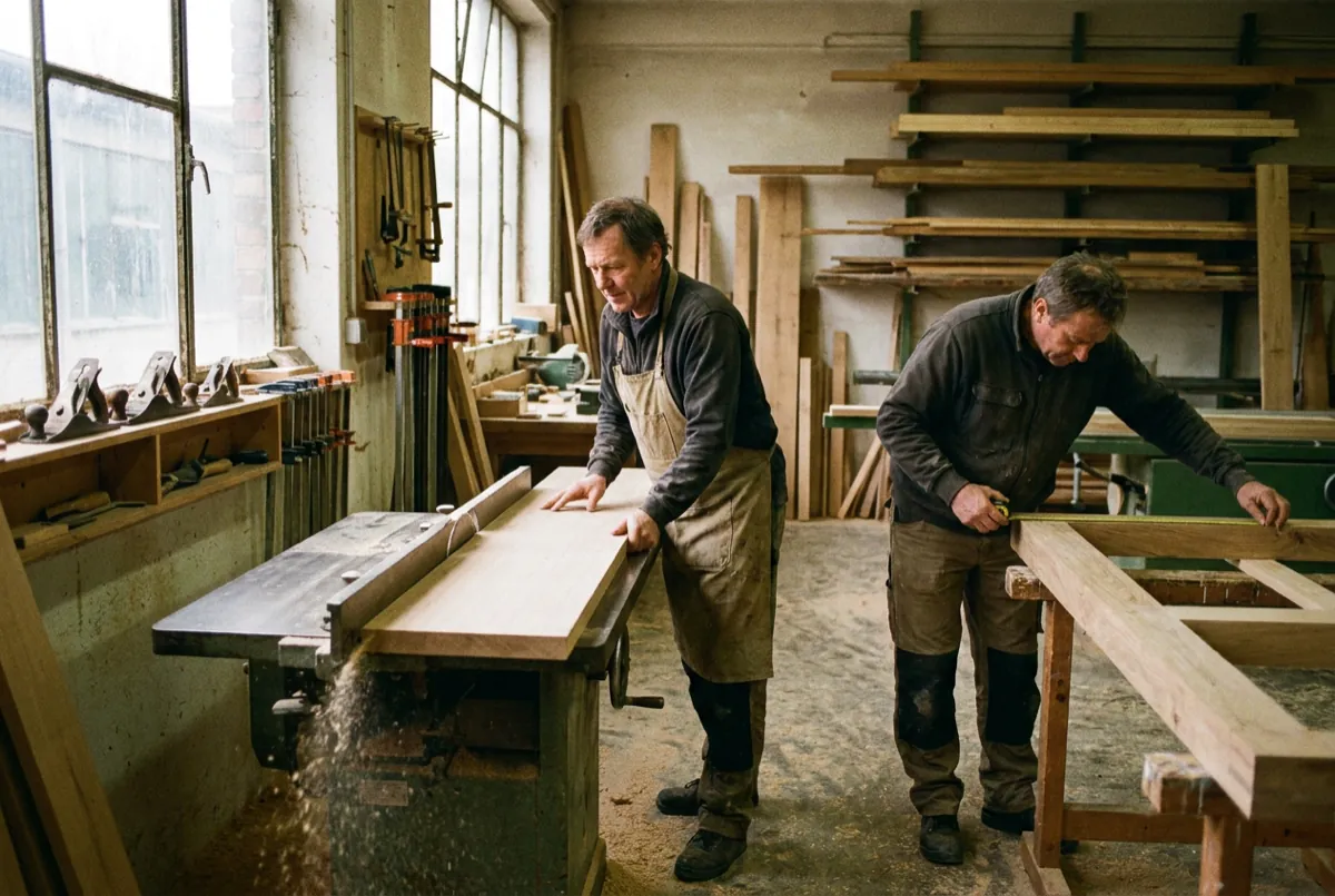 Schreiner führt in der Holzwerkstatt ein Brett über die Abrichte, ein Kollege misst daneben einen Holzrahmen aus.