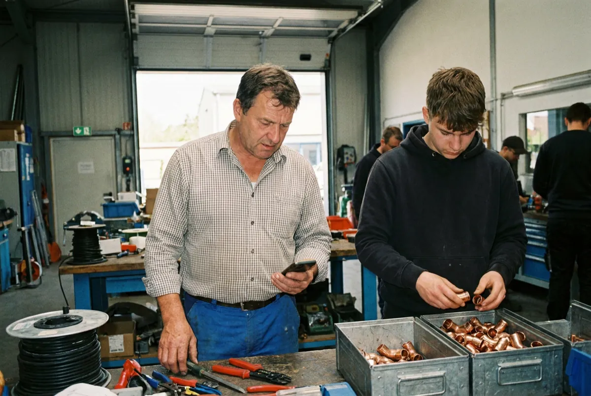Handwerksmeister liest an der Werkbank eine Nachricht auf dem Smartphone, sein Auszubildender sortiert daneben Kupferfittinge.