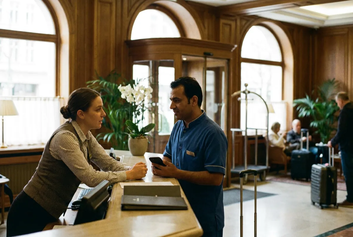 Rezeptionistin und ein Kollege aus dem Housekeeping stimmen sich an der Hotelrezeption ab, er hält ein Smartphone.