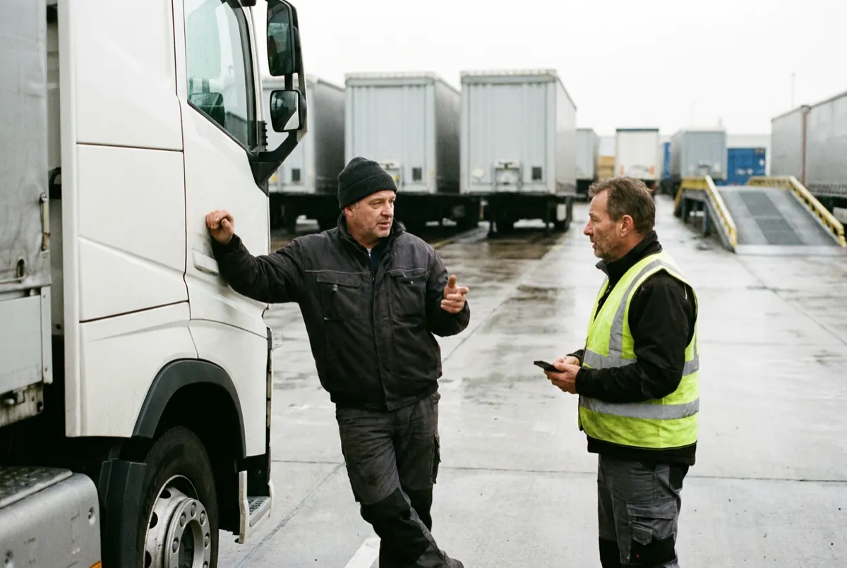 Lkw-Fahrer und Disponent sprechen im Hof einer Spedition an der Zugmaschine, der Disponent hält ein Smartphone in der Hand.