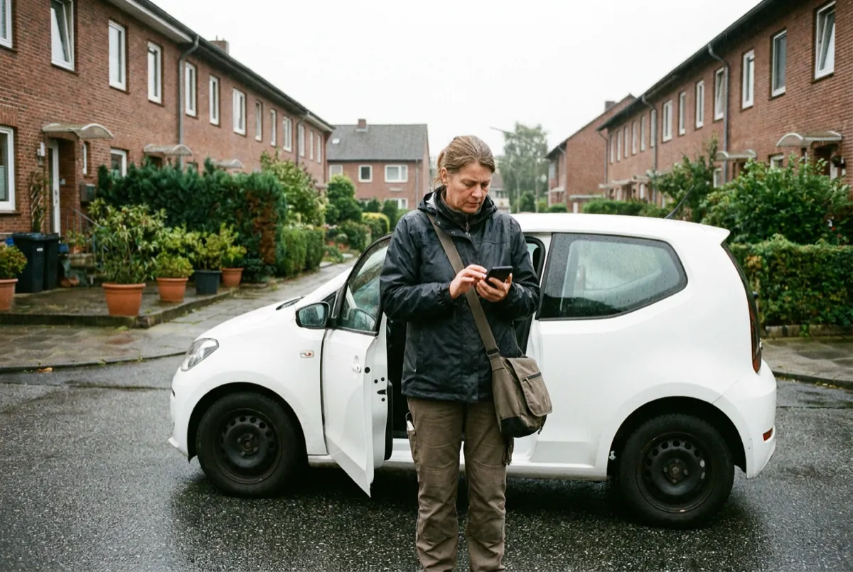 Pflegekraft im ambulanten Dienst steht mit Pflegetasche neben ihrem Dienstwagen in einer Wohnstraße und prüft die Tour auf dem Smartphone.