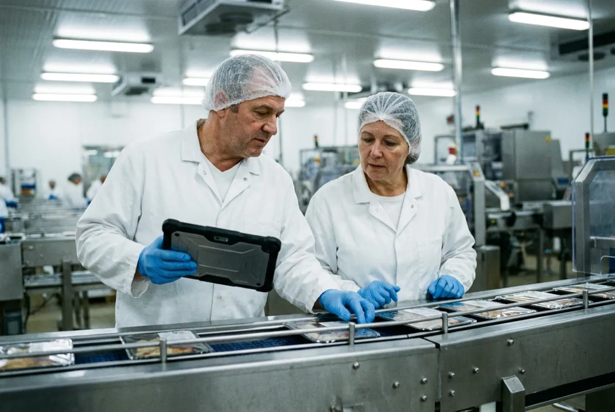 Zwei Mitarbeitende in Hygienekleidung und Haarnetz kontrollieren an einer Verpackungslinie Schalen, einer hält ein Tablet im Schutzgehäuse.