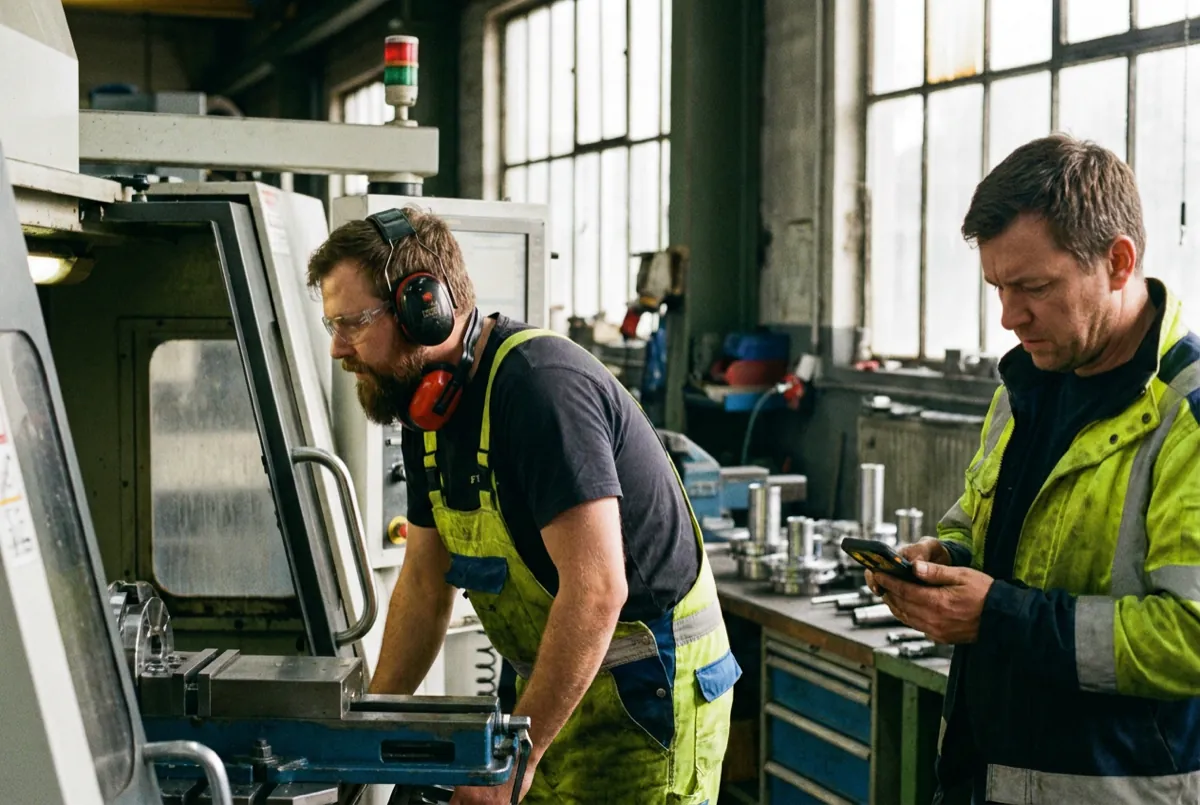 Produktionsmitarbeiter mit Gehörschutz an einer CNC-Maschine, daneben ein Schichtleiter mit Smartphone in der Hand.