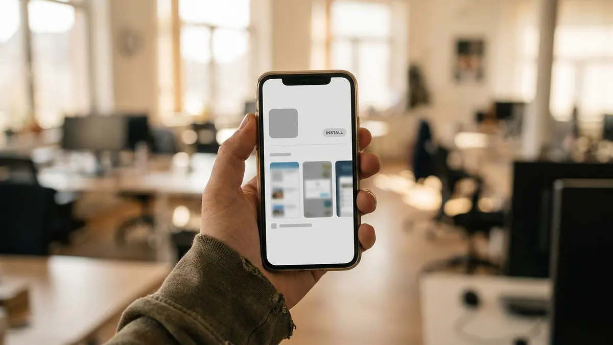Hand hält ein Smartphone mit der App-Store-Seite einer Firmen-App