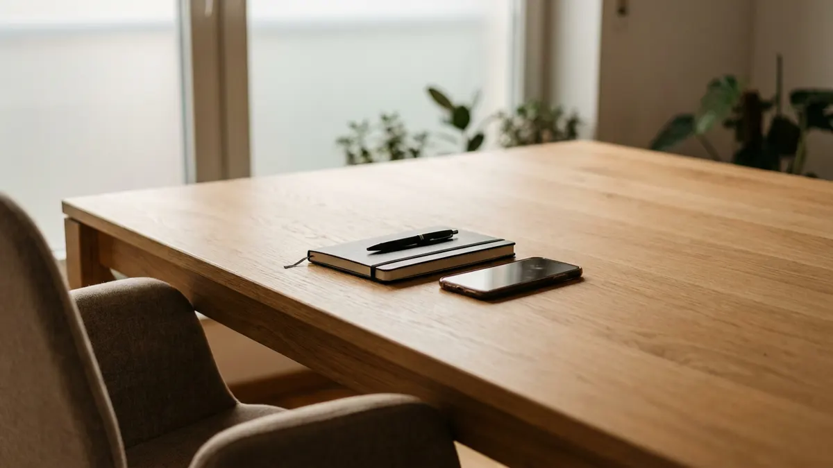 Aufgeräumter Schreibtisch mit einem Smartphone und einem Notizbuch