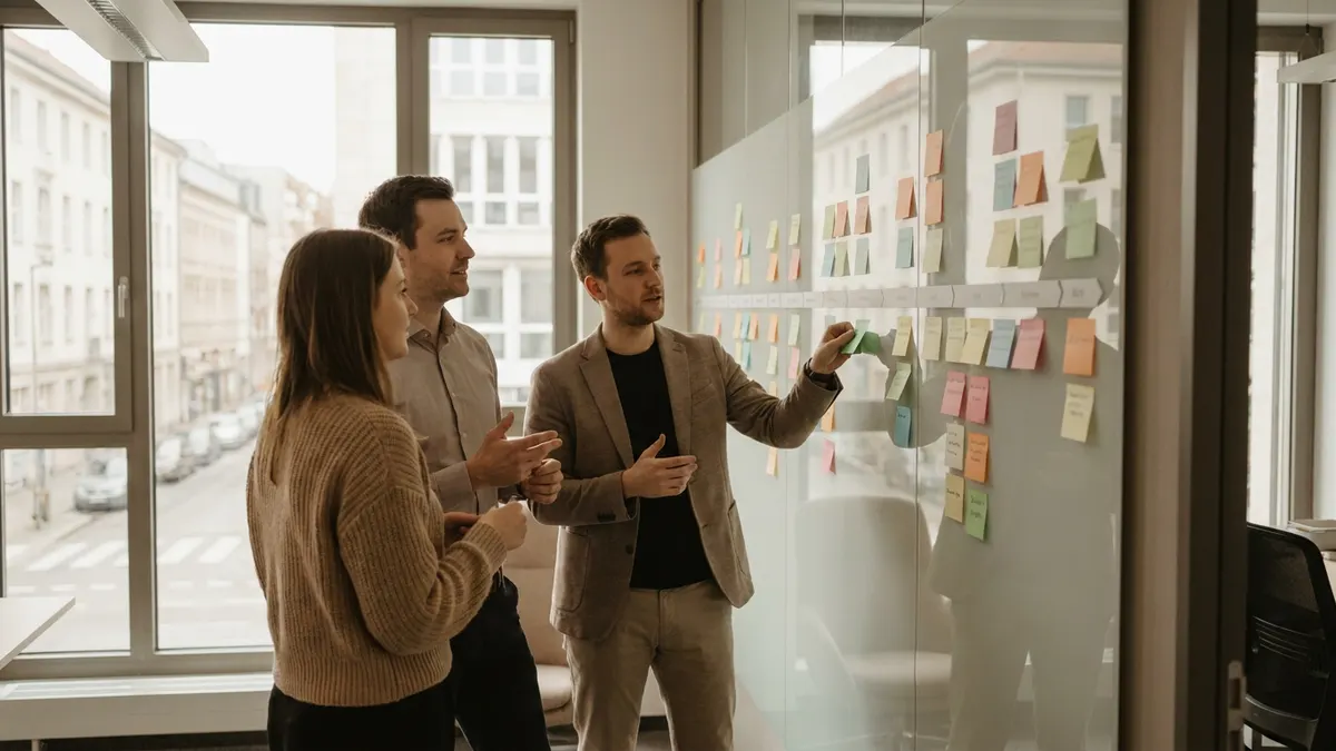 Projektteam plant einen Zeitplan mit Klebezetteln am Whiteboard