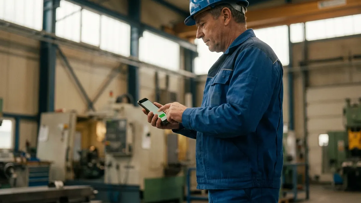 Produktionsmitarbeiter meldet sich am privaten Smartphone in der App an