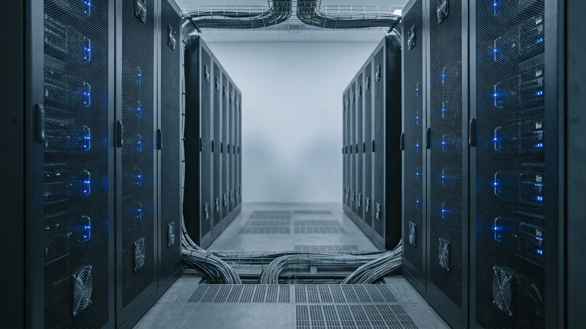 Rackreihen in einem deutschen Rechenzentrum mit blauen Statusleuchten
