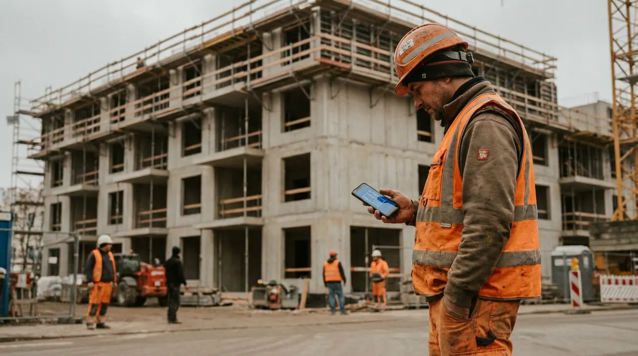 Bauarbeiter mit Helm prüft auf dem Smartphone einen Bauplan, Rohbau im Hintergrund