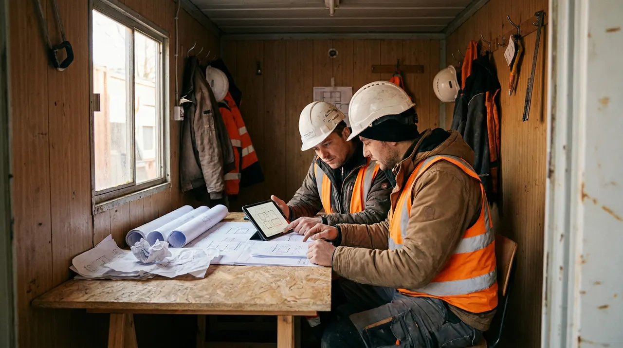 Zwei Bauarbeiter im Baucontainer lesen ohne Netz Dokumente auf dem Tablet