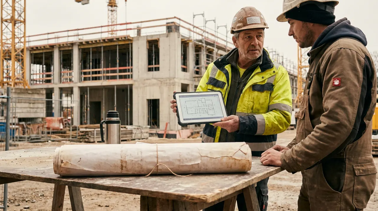 Polier zeigt einem Bauarbeiter auf dem Tablet die aktuelle Planversion, alter Papierplan daneben
