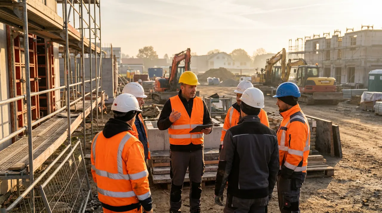 Polier weist morgens ein Subunternehmer-Team auf der Baustelle ein, Tablet in der Hand