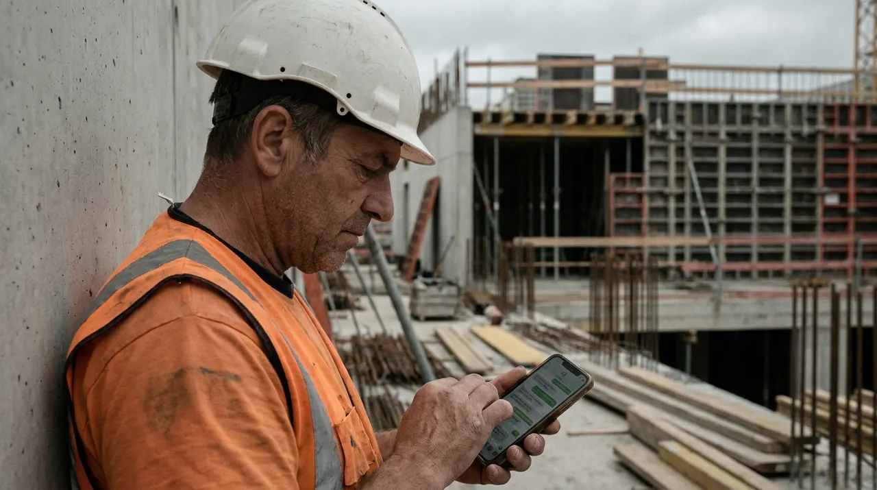 Bauarbeiter scrollt auf der Baustelle durch eine überfüllte Gruppenchat-Historie auf dem privaten Smartphone