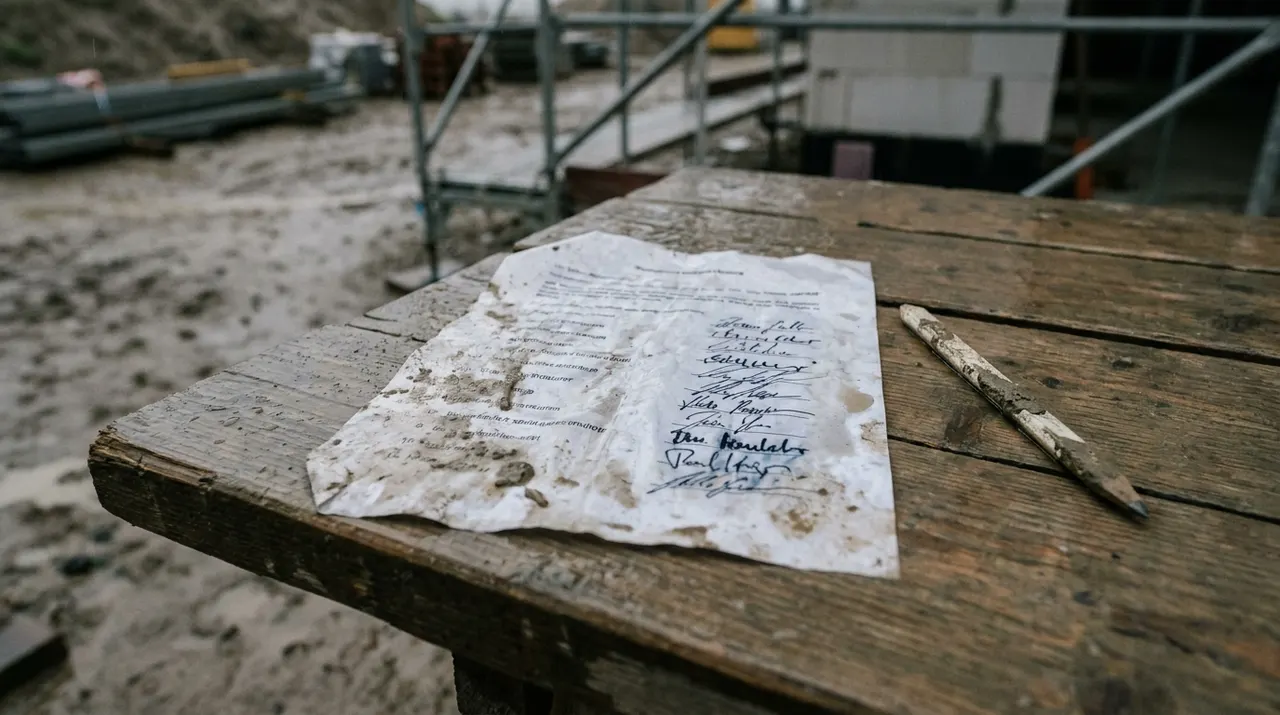 Papier-Unterweisungsliste mit Unterschriften liegt regennass auf einem Bautisch