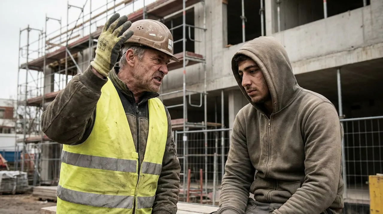 Polier erklärt einem neuen Bauarbeiter zum wiederholten Mal die Abläufe, sichtbar genervt