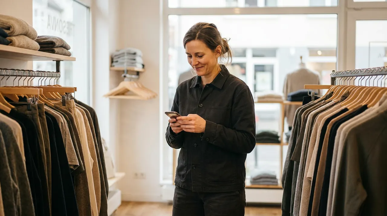 Verkäuferin im Modegeschäft liest zwischen den Warenständern eine Aktionsinfo auf ihrem Smartphone