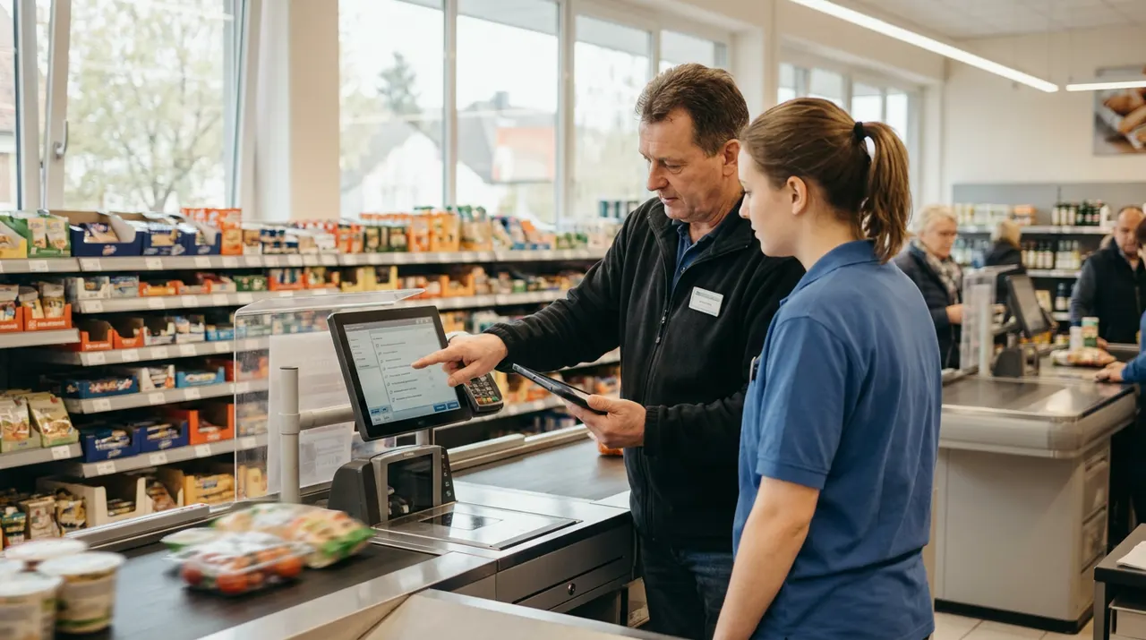 Filialleiterin arbeitet eine neue Aushilfe an der Kasse ein, Checkliste auf dem Tablet