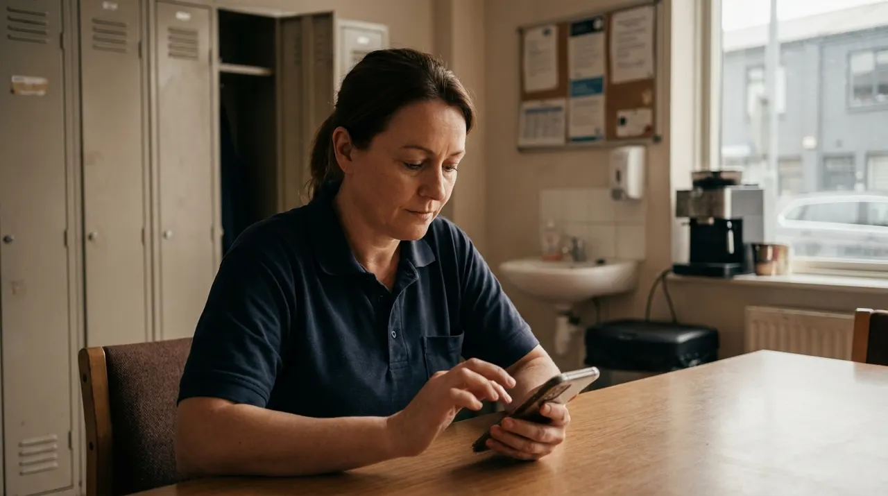 Kassenkraft absolviert im Pausenraum der Filiale eine Brandschutzunterweisung auf dem Smartphone
