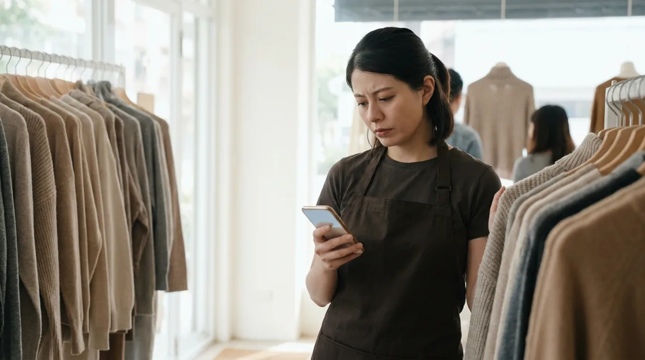 Teilzeitkraft im Modegeschäft schaut zwischen den Kleiderstangen auf ihr privates Smartphone