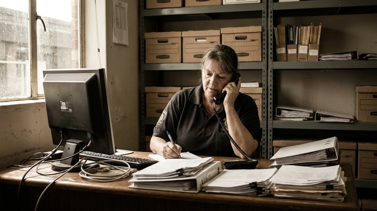 Filialleiterin telefoniert allein im Büro der Filiale, Zettelwirtschaft auf dem Schreibtisch