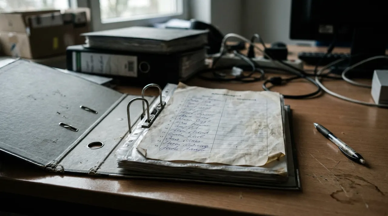 Papier-Unterweisungsliste mit Unterschriften liegt in einem abgegriffenen Ordner im Filialbüro