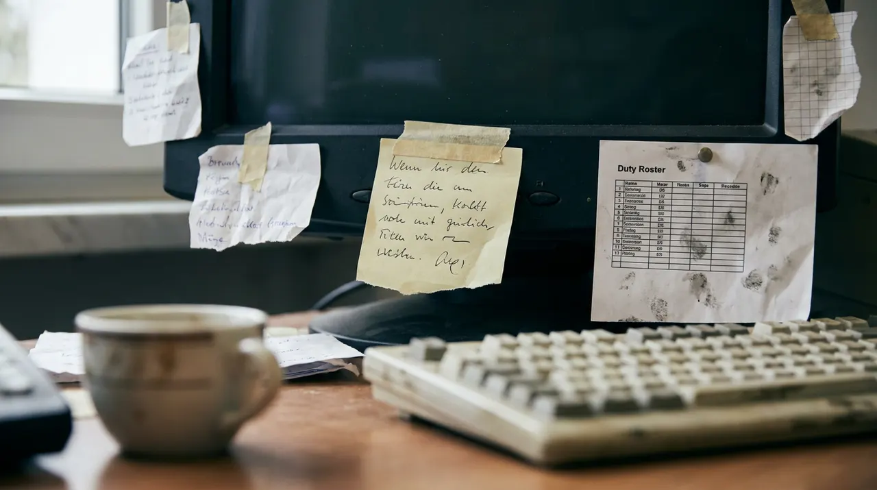Handschriftlicher Zettel mit einer Krankmeldung klebt am Monitor im Kassenbüro