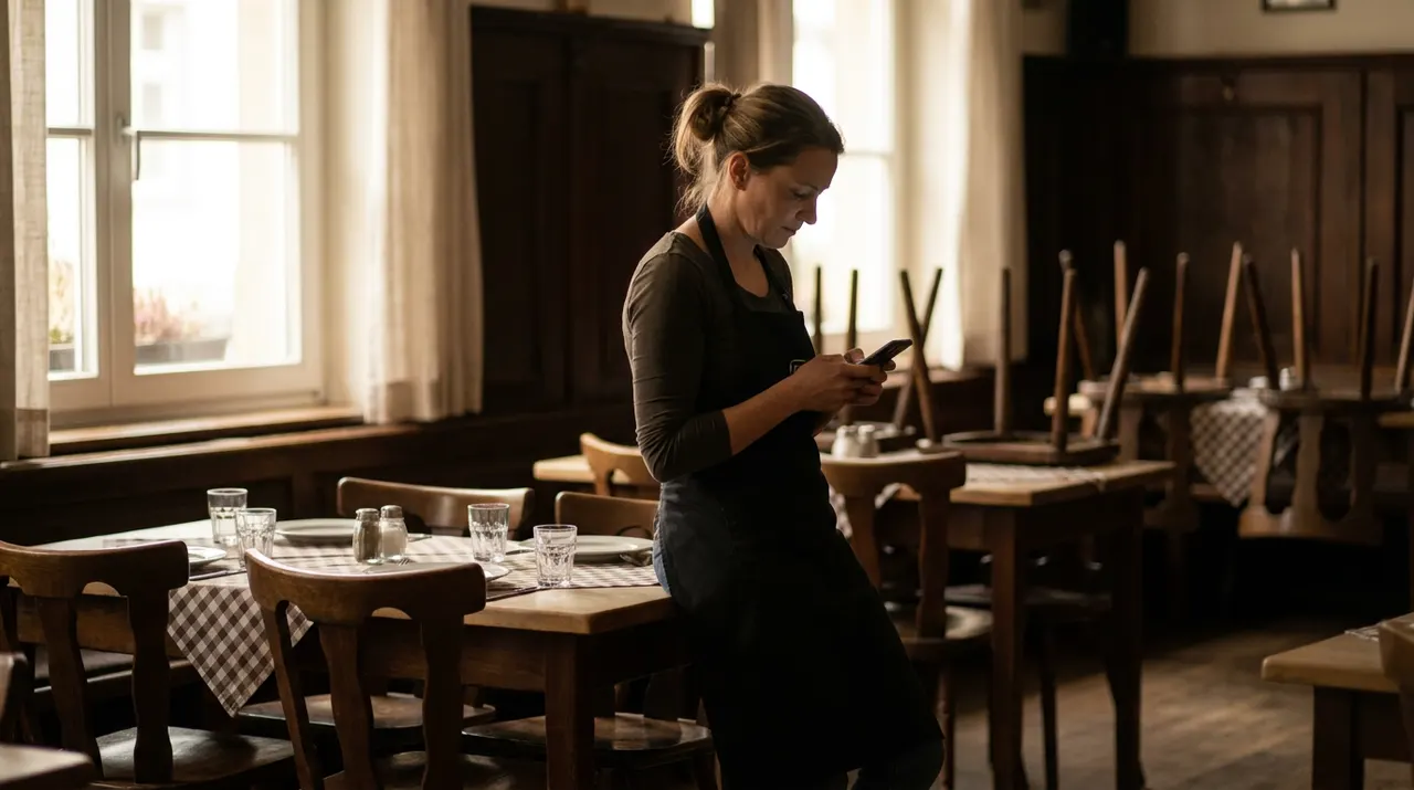 Servicekraft liest vor Öffnung im Restaurant die neue Tageskarte auf dem Smartphone