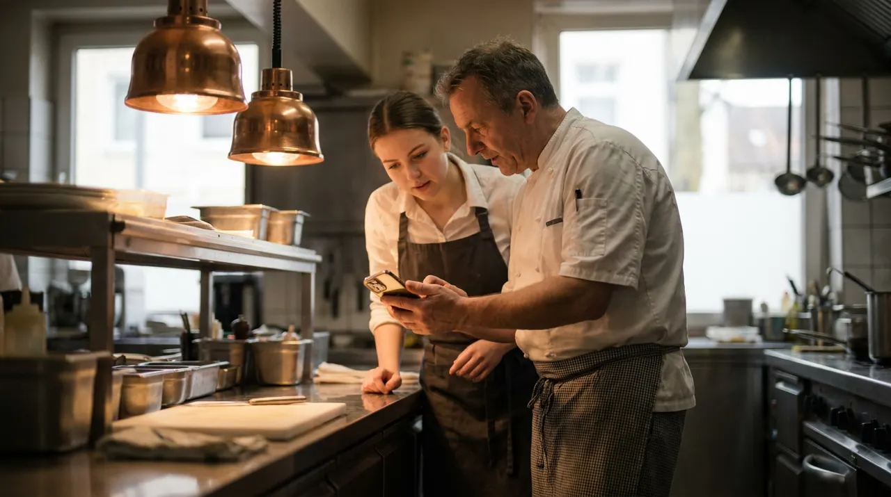 Küchenchef zeigt einer Servicekraft am Pass eine Dienstplanänderung auf dem Smartphone