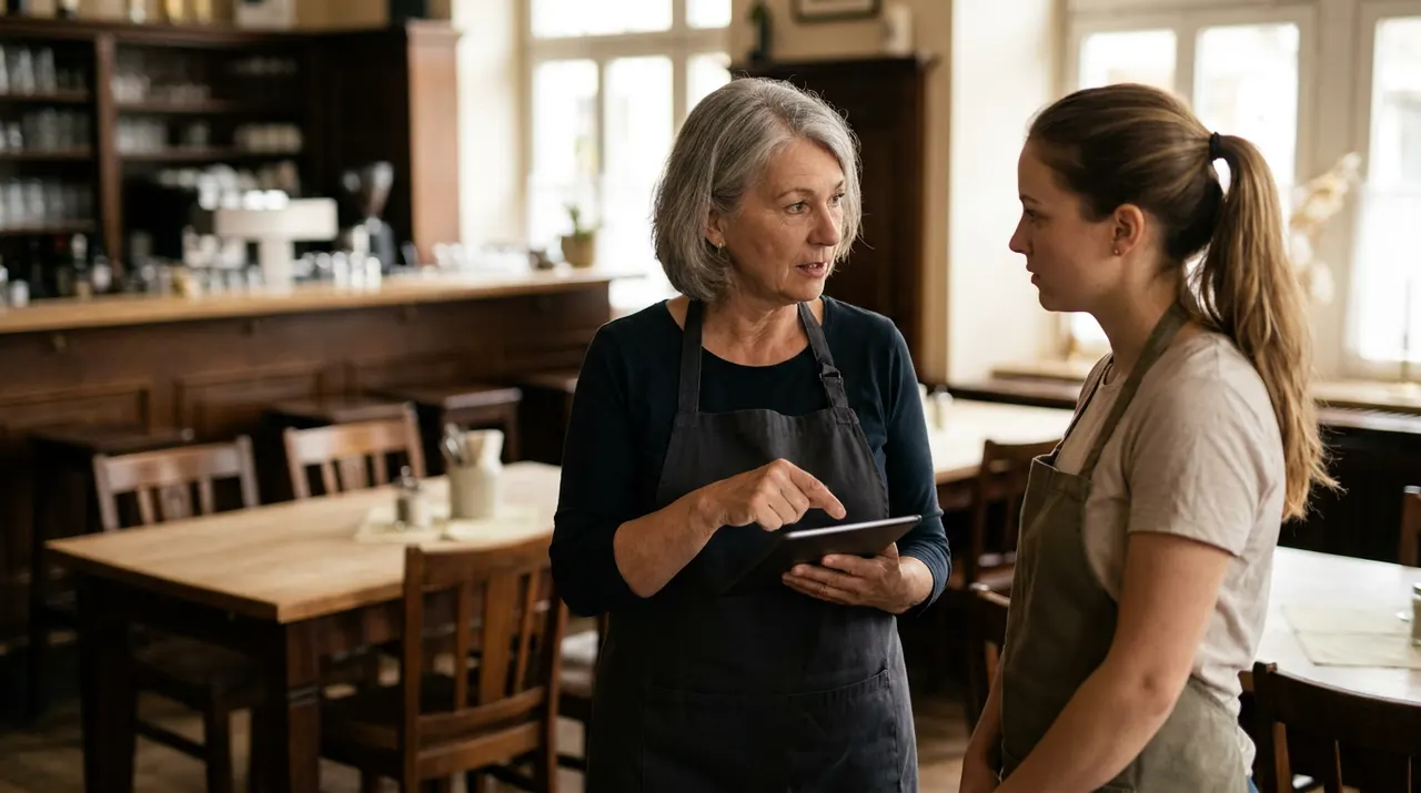 Neue Saisonkraft wird im Restaurant von einer Kollegin mit Tablet eingearbeitet
