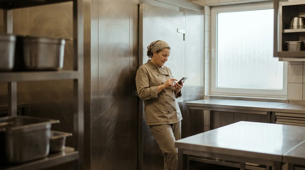 Köchin füllt in der Küche eine HACCP-Checkliste auf dem Smartphone aus, Kühlhaus im Hintergrund