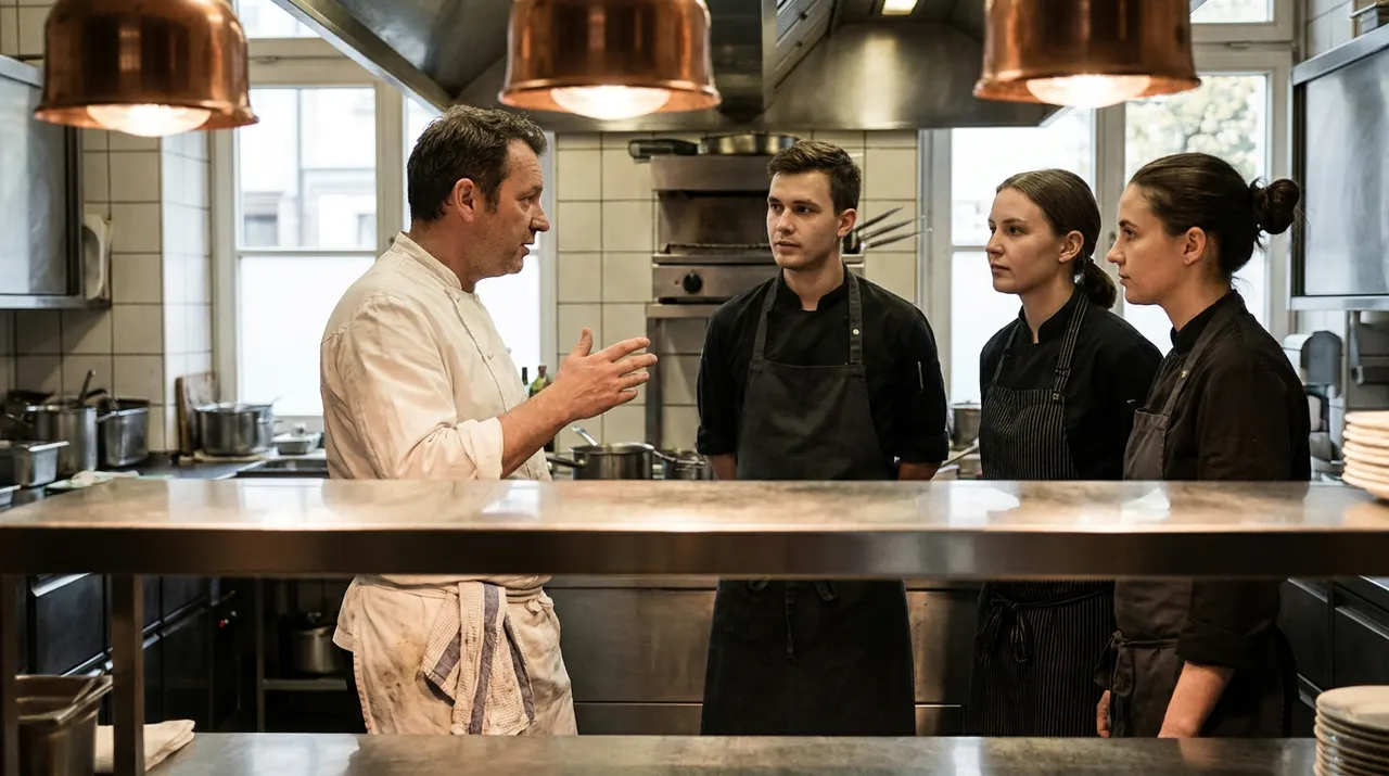 Küchenchef bespricht am Pass mit drei Mitarbeitenden den Serviceablauf