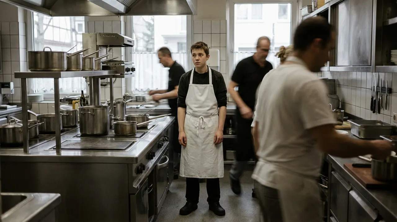 Neue Saisonkraft steht ratlos in der Restaurantküche zwischen den Arbeitsstationen
