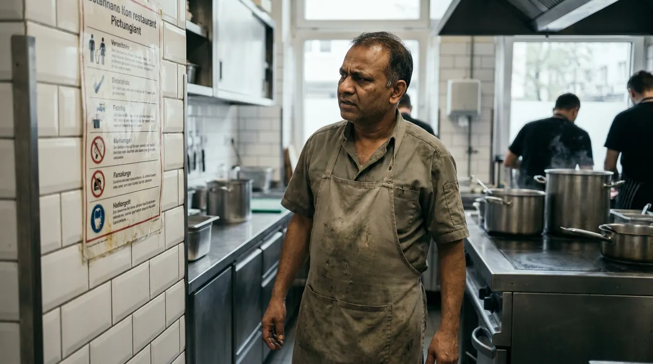 Küchenmitarbeiter aus dem Ausland liest eine deutschsprachige Hygienevorschrift an der Wand mit ratlosem Blick