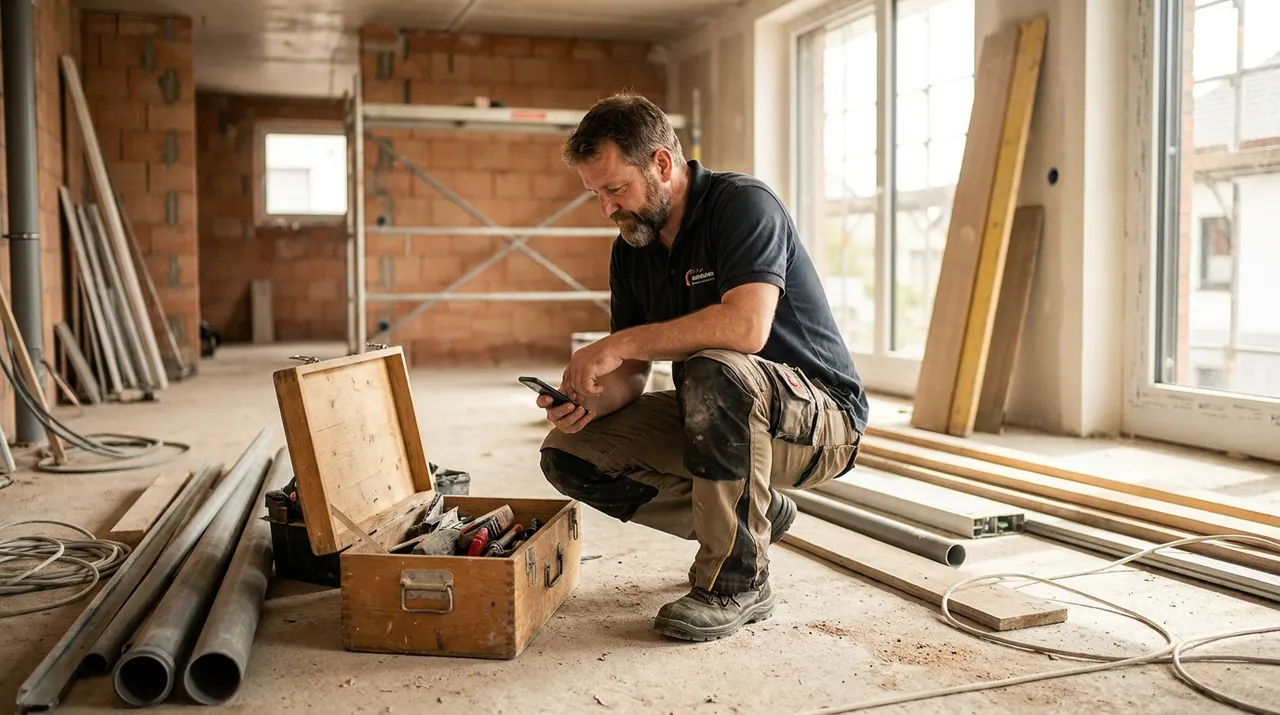 Geselle auf der Baustelle prüft auf dem Smartphone Auftragsdaten, Werkzeugkoffer neben ihm