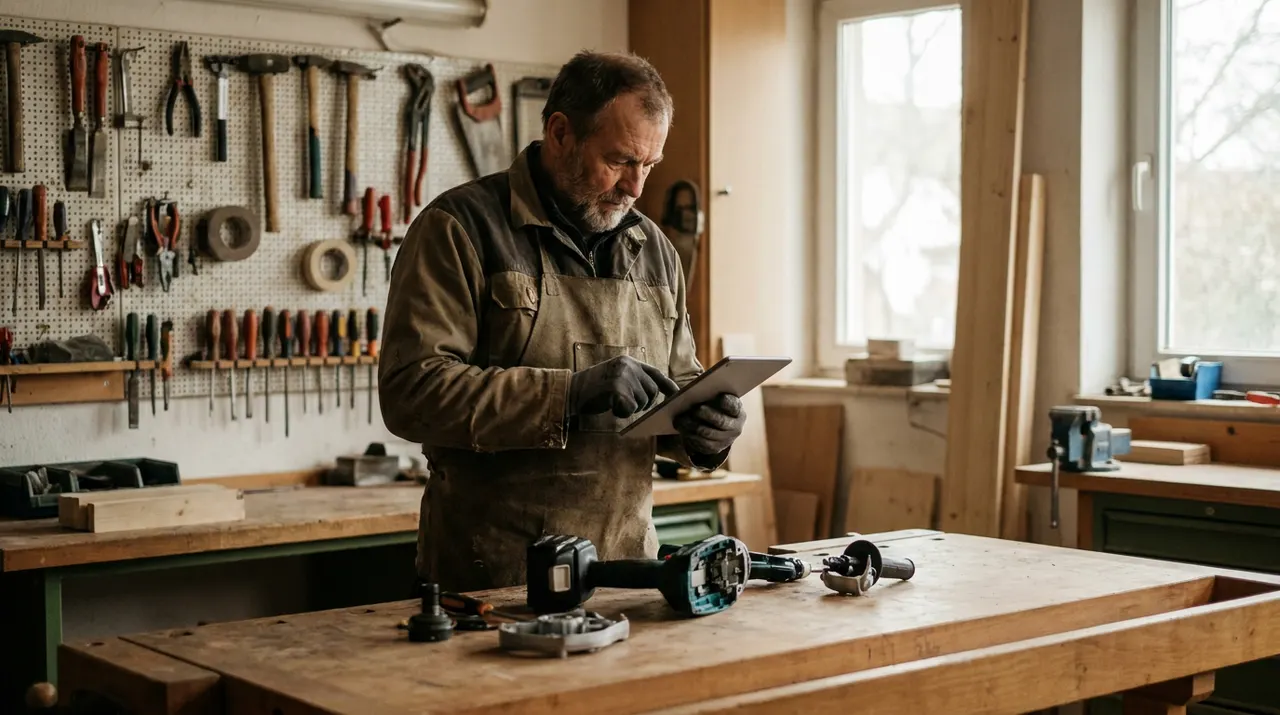 Handwerker in der Werkstatt liest auf dem Tablet eine Montageanleitung für ein neues Werkzeug