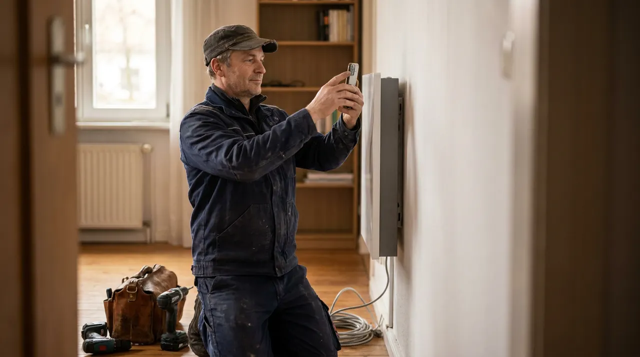 Geselle schickt vom Kundenobjekt ein Foto per Smartphone an das Büro