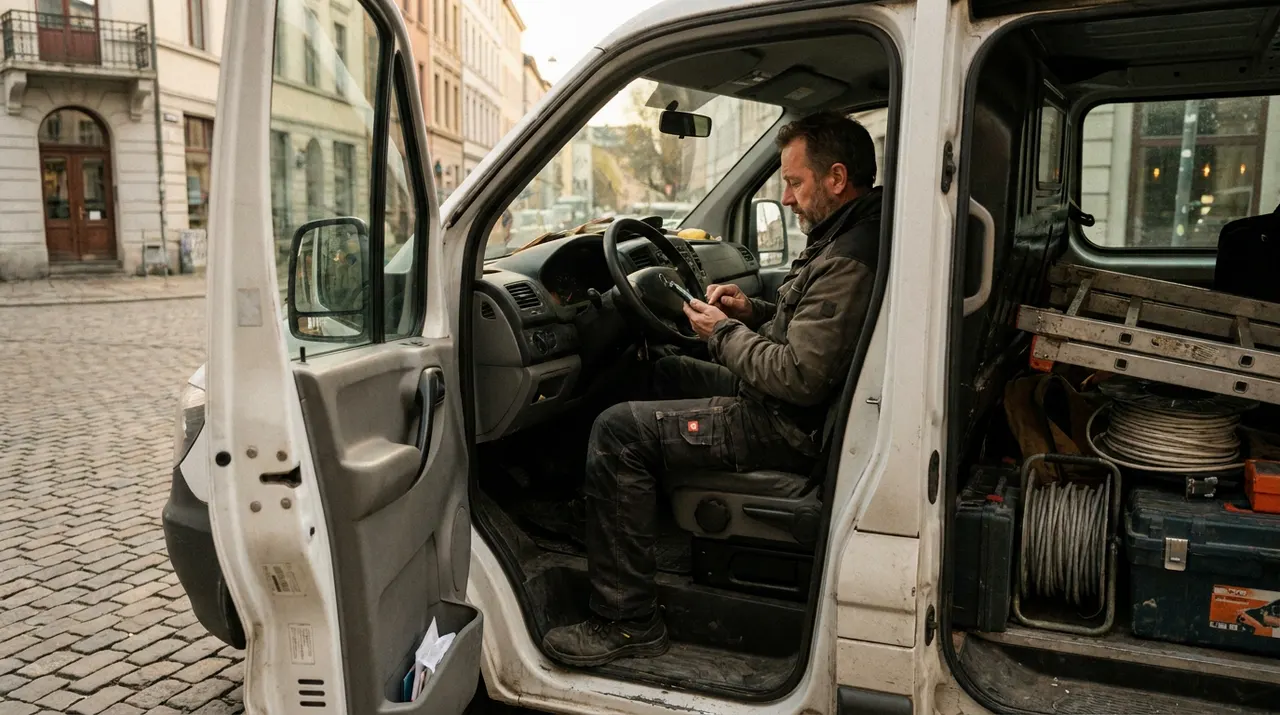 Handwerker meldet aus dem Firmenwagen heraus über sein Smartphone einen Urlaubstag