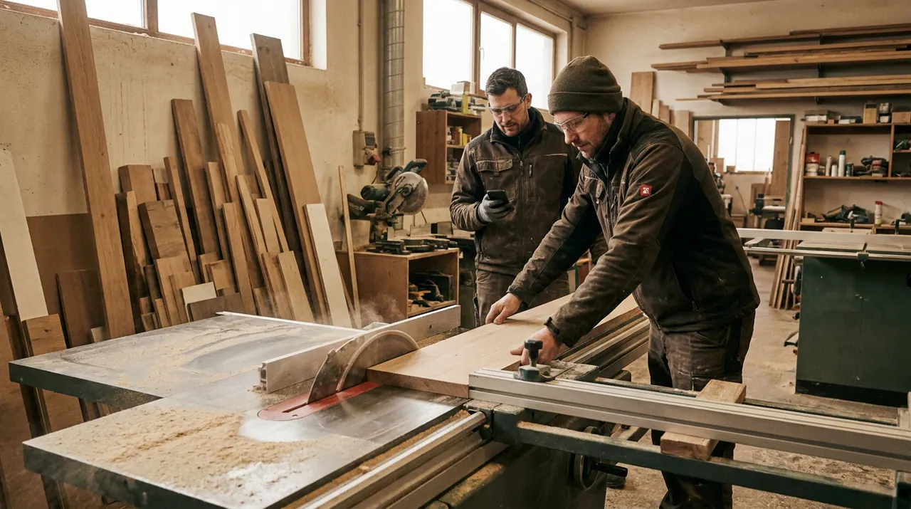 Zwei Handwerker in der Werkstatt beim Zuschnitt, einer prüft dabei kurz das Smartphone