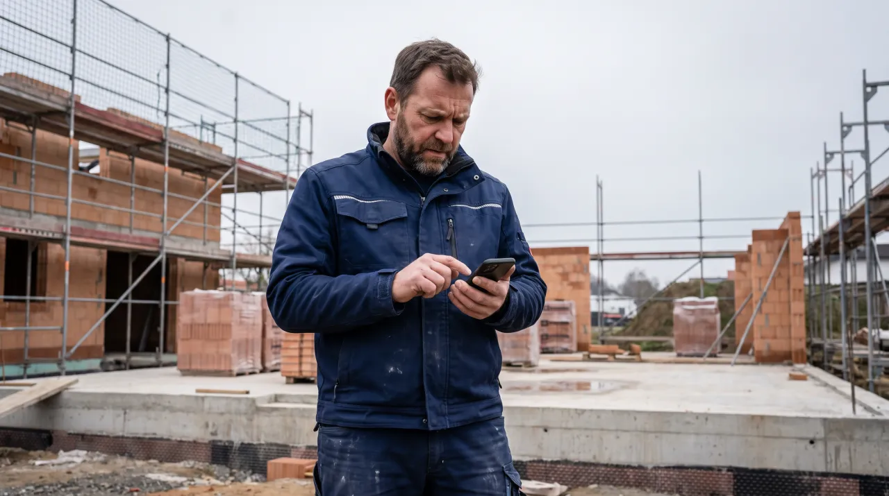 Handwerker auf einer Baustelle blickt genervt auf sein Smartphone ohne Empfang