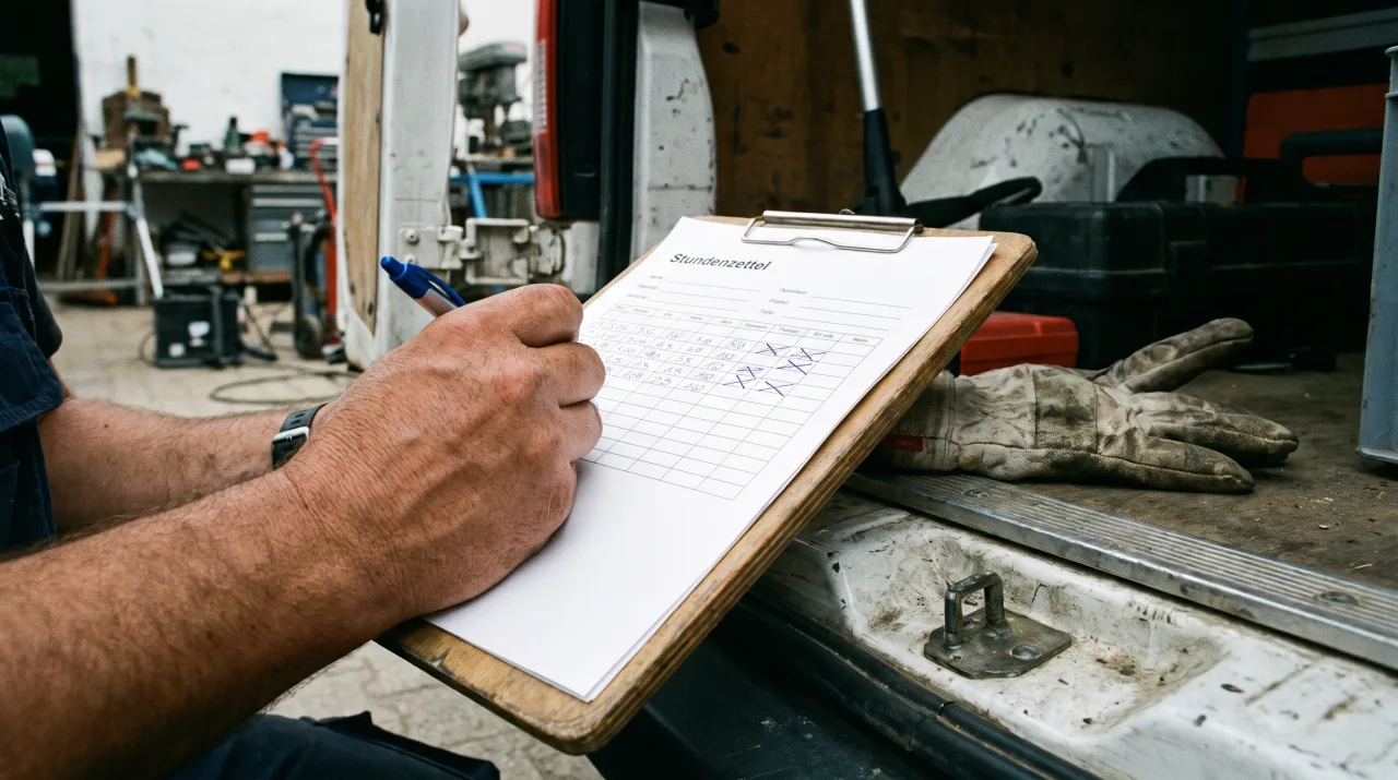 Handwerker trägt am Heck des Firmenwagens seine Arbeitszeiten per Kugelschreiber in einen Papier-Stundenzettel ein