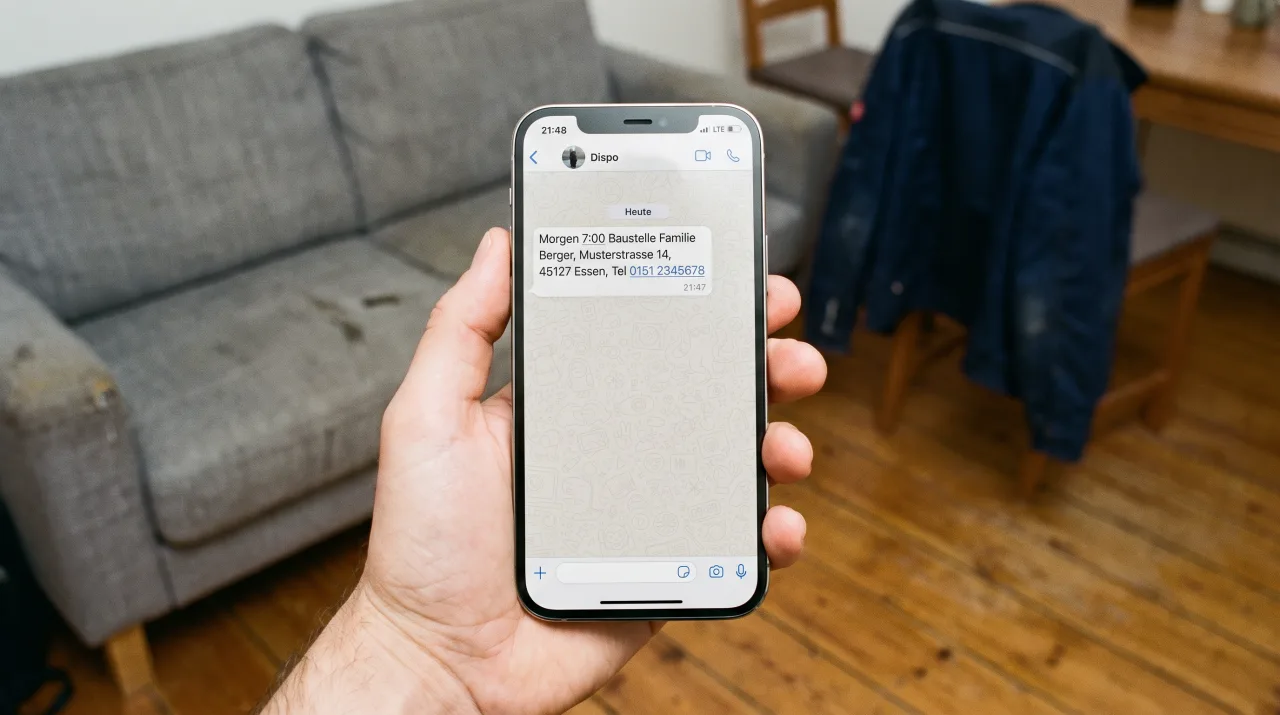 Privates Smartphone im Wohnzimmer zeigt eine Nachricht der Dispo mit Kundenname, Adresse und Telefonnummer