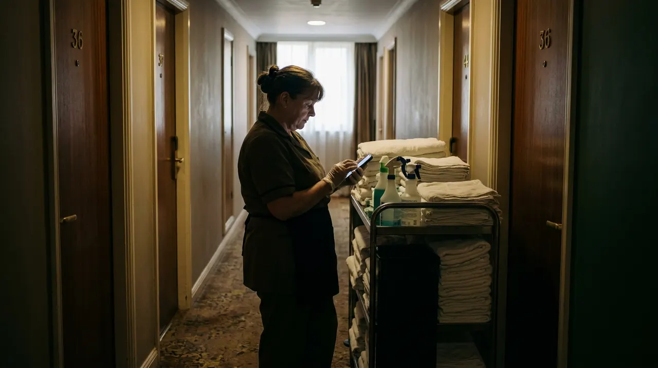 Housekeeping-Mitarbeiterin am Wäschewagen im Hotelflur liest die Zimmerliste auf dem Smartphone