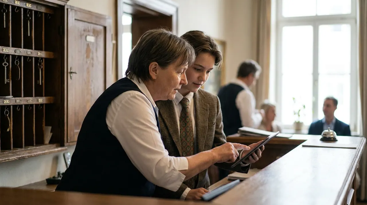 Neue Saisonkraft wird an der Hotelrezeption von einer Kollegin mit Tablet eingearbeitet